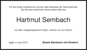 Traueranzeige von Hartmut Sembach von Pegnitz-Zeitung